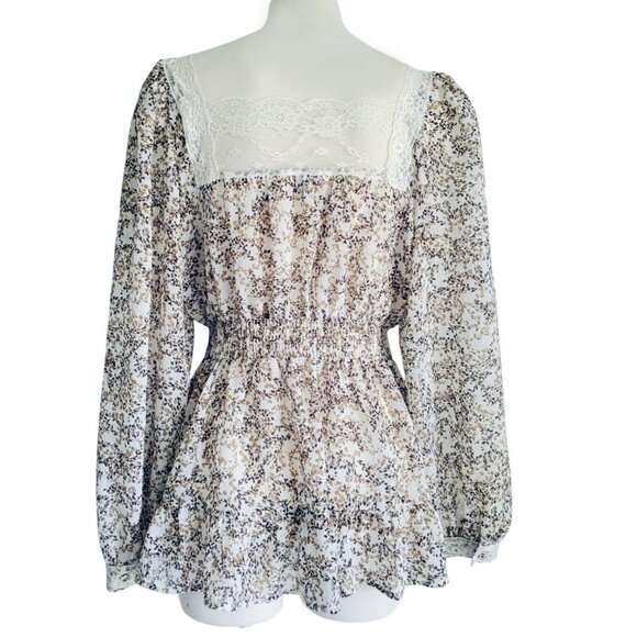 Candie's Cottagecore Floral Lace Trim Balloon Sleeve Semi sheer Peplum waist L - Picture 3 of 16